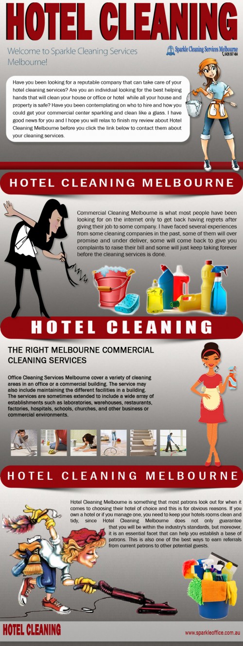 Hotel Cleaning Melbourne service providers provide an extensive range of services in the cleaning industry, and to a variety of establishments and sectors. This is because there is something to expect in terms of cleanliness from almost any establishment. However, nowhere is it more critical than in the hospitality sector. The management in all hotels and other such establishments catering to the hospitality industry needs to maintain their standards with the help of Hotel Cleaning Melbourne service providers. 
Try this site http://www.sparkleoffice.com.au/Hotel-Cleaning-Melbourne.html for more information on Hotel Cleaning.
Follow us: https://goo.gl/iPx36O
https://goo.gl/vpYhdX
https://goo.gl/XKFO21
https://goo.gl/RmI3yZ
https://goo.gl/LMXeIx