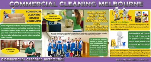 A professional Commercial Cleaners Melbourne team can save you time, and give you some peace of mind, not to mention increase the morale and productivity of your employees. Not only do you have to deal with customers, partners, and employees, but you have to make sure that everything about your building is running at peak condition. It can be very difficult to find the time to keep the place clean. 
Look at this web-site http://www.sparkleoffice.com.au/Best-Commercial-Cleaning-Melbourne.html for more information on commercial cleaning melbourne.
Follow us: https://goo.gl/IMbmDv
https://goo.gl/O7CDKd
https://goo.gl/6wMZdn
https://goo.gl/vrOZAh
https://goo.gl/a8ZQ85