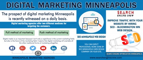 Our Website: https://www.searchenginecrew.com/seo-services-minneapolis/
Digital marketing agencies offer two different mediums for targeting the customers. The role of Digital Marketing Minneapolis agencies is to create a brand image for businesses with (online brand reputation) positive reviews and better visibility in search engines. Having a website, ranking the keywords in search engines, engaging with customers through SMS and email marketing will cost very lesser when compared to the traditional marketing mediums like direct mail, direct marketing, print ads, etc.