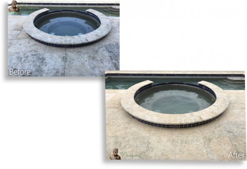 Notice in the picture, how clean the #travertine tile and grout are after our artist performed #poolrestoration with exquisite products designed by pFOkUS. To learn more about our service, visit https://goo.gl/22ZCvY.