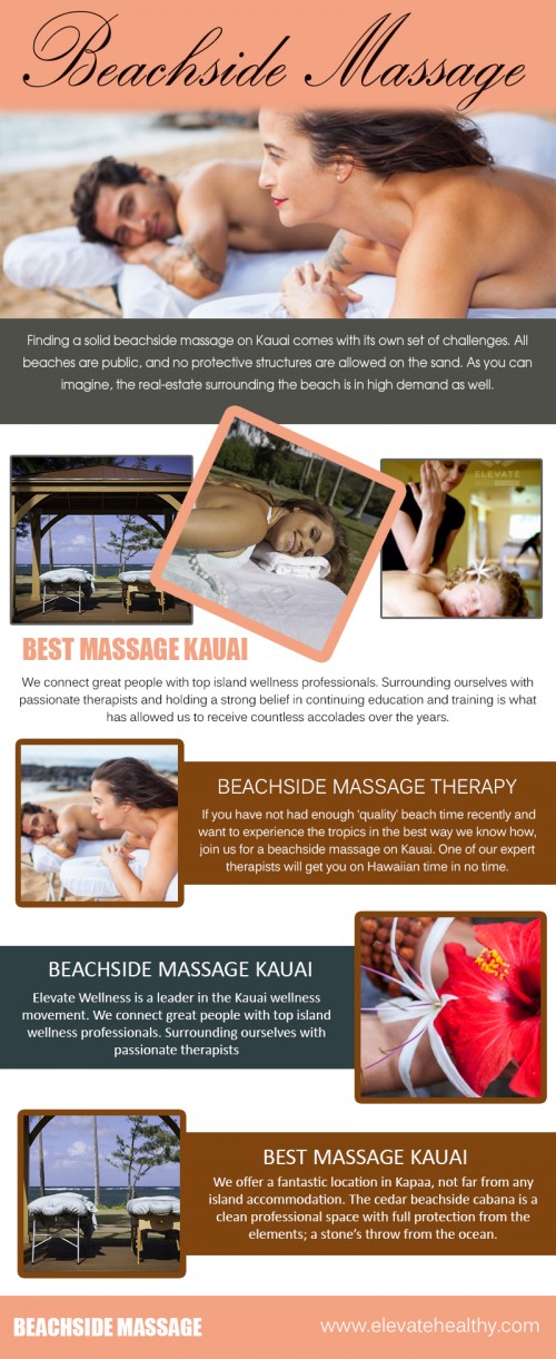 Our Website: https://www.elevatehealthy.com/product/beachside-massage-kauai/
Finding a solid Beachside Massage on Kauai comes with its own set of challenges. All beaches are public, and no protective structures are allowed on the sand. As you can imagine, the real-estate surrounding the beach is in high demand as well. All beachfront property is owned by hotels or is multi-million dollar private estates. We have partnered with the most historic east-side boutique hotel to provide massage in a beautiful cabana the closest to the ocean anywhere on island! There is no question why this location has become the most desired on Kauai.
Profile Links: http://www.imgpaste.net/user/kauaimassage
More Links: https://magic.piktochart.com/output/23679911-best-kauai-beachside-massage
http://www.imgpaste.net/image/mLhhu
http://www.imgpaste.net/image/mL0Re