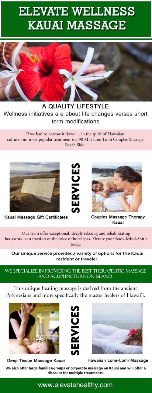 Our Website : https://www.elevatehealthy.com/kauai-couples-massage/
Really feeling the wind blowing on your skin, paying attention to the hypnotic sounds of crashing waves distant, as well as scenting the sea breeze as you receive a therapy from among Kauai's top massage therapists. Elevate Wellness Couples Massage Kauai is a special and also outstanding encounter when traveling to an exotic island. Why not attempt something various that you cannot do in the house?
My Profile : http://www.imgpaste.net/user/kauaimassage
More Links : http://www.imgpaste.net/image/eHC7E
http://www.imgpaste.net/image/eHDR8
http://www.imgpaste.net/image/eHEAs