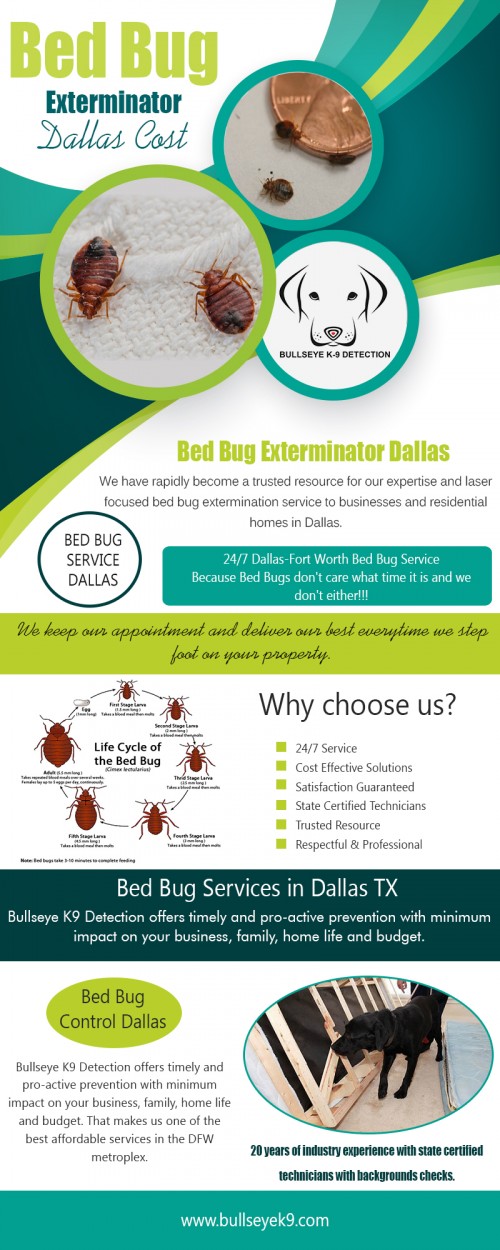 Our site : http://www.bullseyek9.com/bed-bug-exterminator-dallas/
There are many options available for bed bug extermination. You can choose anyone of the sprays available out there to kill bed bugs. General consensus is that these work well when combined with steam cleaning as long as you follow the directions closely. They are available in natural or chemical forms. The natural of course is the green safer version for use around your pets and children. The chemical form is exactly as it sounds. Bed bug exterminator Dallas Texas can be your best option. 
More Links : https://www.ispionage.com/research/US/bullseyek9.com#smtab-1
https://itsmyurls.com/killbedbugs
http://adfreeposting.com/85316-bed-bug-exterminator-dallas/details.html
http://www.kedna.com/ads/Cleaning-and-Maintenance/Bed-Bug-Extermination-Dallas/630524.html