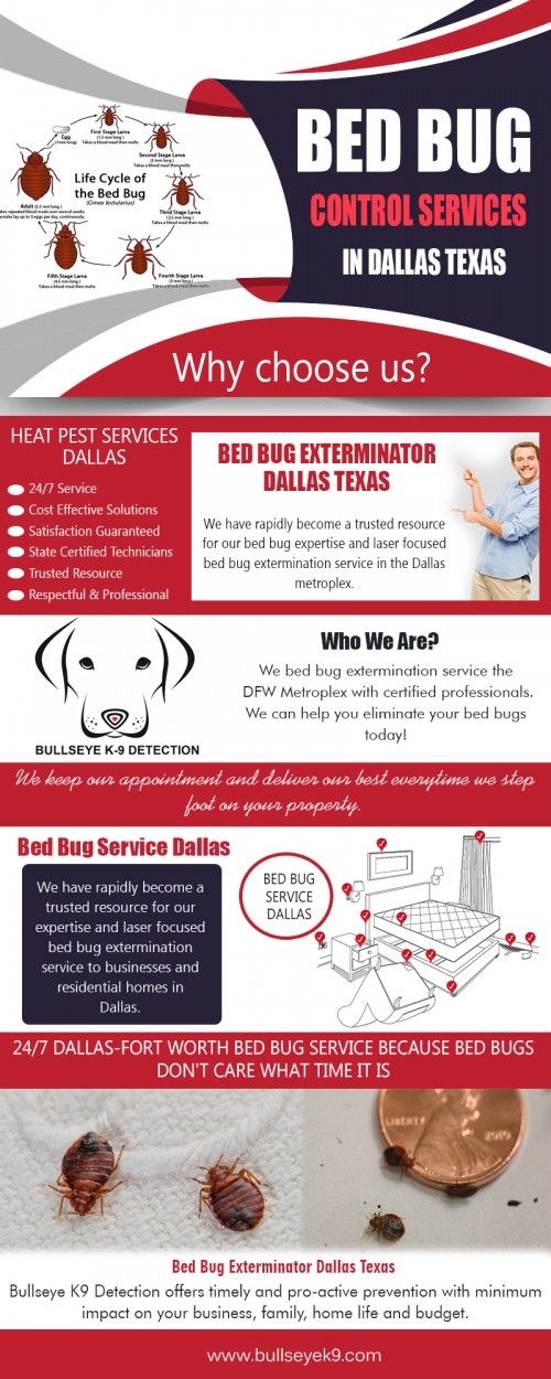 Our site  : http://www.bullseyek9.com/bed-bug-control-Dallas/
Bed bug control may sound pretty easy at the outset, but in fact it is a tricky process that requires a well-planned strategy. The pesky bugs love to suck human blood and exhibit various adverse health effects including skin rashes, itching and allergic reactions. These blood sucking organisms can be a real nuisance in your home and that is why bed bug control services in Dallas Texas is necessary.
More Links : https://www.salespider.com/b-424821113/bed-bug-extermination-dallas
https://twiends.com/bedbugsremoval
http://twopcharts.com/Bedbugsremoval
https://bullseyek9.com.cutestat.com/