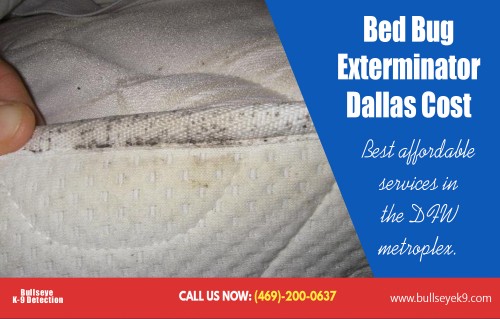 Get affordable deals and offers with bed bug exterminator dallas AT http://www.bullseyek9.com/bed-bug-exterminator-dallas/
Find us on Google Map : https://goo.gl/maps/kyMhBuKRHZ42
Deals In  : 
bed bug exterminators near me
Bed bug exterminator dallas
bed bug exterminator dallas cost
bed bug exterminator dallas texas

A good pest control company will use the right method to identify how many of these creatures are present in your home. Hiring an exterminator will ensure that the correct method is used to get rid of every last one found in your house. You'll not find it easy to use pesticides on your own, especially if there are kids at home. Locate affordable offers for bed bug exterminator dallas. 

Add: Frisco, TX, USA
Contact Us To Schedule An Appointment 469-200-0637 
Mail : john@bullseyek9.com 
WOrking hours : Mon to Fri : 8:00am to 6:00pm
Social--- 
https://kinja.com/getridofbedbugs
http://www.folkd.com/user/bedbugremoval
http://www.facecool.com/profile/bedbugexterminator