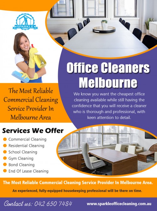 Reasons to Hire Professional Office Cleaners Melbourne At http://www.sparkleofficecleaning.com.au

Find Us: https://goo.gl/maps/Vpczw1fjcjR2

Deals in .....

Cleaning Services Dandenong
Commercial Cleaners Melbourne
Commercial Cleaning Melbourne
Office Cleaners Melbourne
Office Cleaning Melbourne

This increase in the visibility and availability of office cleaning staff tends to raise the overall awareness of the process, highlighting its importance and demonstrating the commitment to high standards. As a result, building occupants tend to show more respect towards Office Cleaners Melbourne when they see them working hard to keep the building clean, staff and visitors often take so greater care as a result.

Social---

https://www.youtube.com/channel/UCD2MW6Bx1FeGvy7GX9U8BkQ
http://vacatecleaningservicesmelbourne.brandyourself.com/
https://www.pinterest.com/Bond_Cleaning/
https://www.instagram.com/hotelcleaning