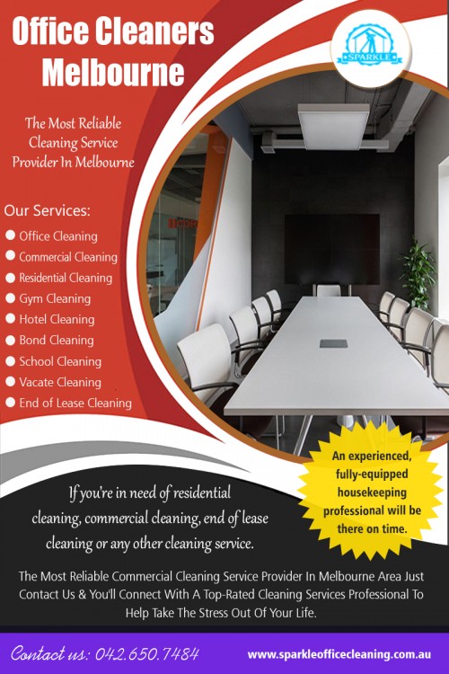 Office Cleaners Melbourne to Keep Your Office Clean and Secure AT https://www.sparkleofficecleaning.com.au/office-cleaning/
Find us Google Map : https://goo.gl/maps/ES43wYpJSQQPsrzx5
As you are probably already aware, office cleaning is a difficult task that requires specialized knowledge, skill to achieve the desired results. Most medium to large sized companies will hire a professional Office Cleaners Melbourne to provide cleaning activities on a scheduled routine. The traditional office cleaning companies can provide efficient and reliable services at a reasonable price point. They are also capable of maintaining standards of performance and cleanliness to meet your requirements.
ADDRESS P: 2/15 Livingstone street Reservoir, Melbourne VIC 3073, Australia
PH. : +61 426 507 484
Mon-Sun : 8am-7pm
Email: melbournesparkle@gmail.com

Social : 
https://www.facebook.com/Sparkle-Cleaning-Services-Melbourne-1527963877420356/
https://twitter.com/Vacate_Cleaning
https://www.youtube.com/channel/UCD2MW6Bx1FeGvy7GX9U8BkQ