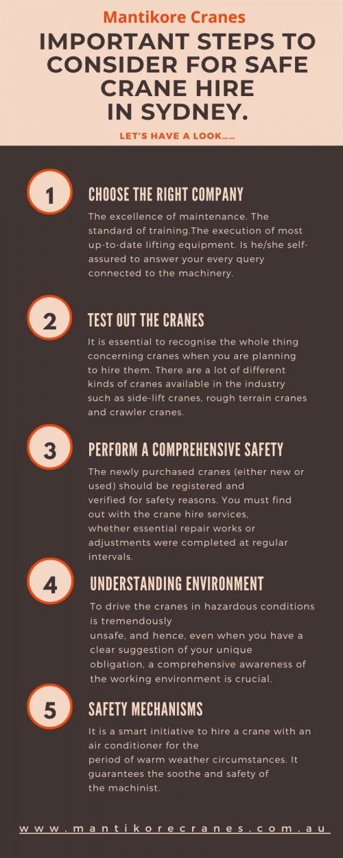 Through this article, we have outlined the important steps to consider for safe crane hire in sydney that you must consider while choosing the best crane hire Services Company that stays ahead of the crowd.  For more information read the article or visit our website.
Source:   https://mantikorecranes.com.au/
