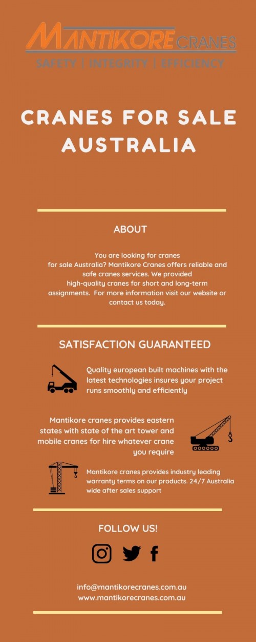 You are looking for cranes for sale Australia? Mantikore Cranes offers reliable and safe cranes services. We provided high-quality cranes for short and long-term assignments.  For more information visit our website or contact us today.
Source: https://mantikorecranes.com.au/