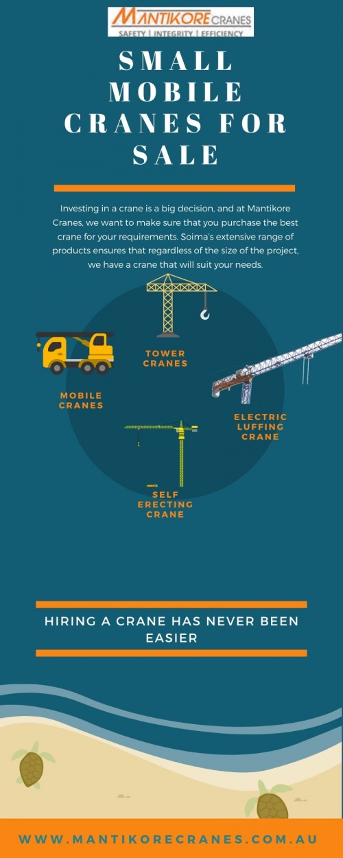 Find small mobile cranes for sale in Australia? As we offer a huge range of cranes in Australia including tower cranes, Mobile Cranes, Self-Erecting Cranes, and Electric luffing Cranes. Our tower Crane is highly being used at construction sites to make the entire work stress-free and increase productivity. We have professionals who will help you always if sometimes any fault might occur.   Come to our website and browse our website to get to know about the services that we offer.   

Contact us: 1300626845

If you are interested drop your requirement on info@mantikorecranes.com.au 

Facebook:  https://www.facebook.com/pg/Mantikore-Cranes-108601277292157/about/?ref=page_internal

Instagram:  https://www.instagram.com/mantikorecranes/

Twitter:  https://twitter.com/MantikoreC

  Opening Hour:  Monday to Friday from 7 am to 7 pm

Address:  PO BOX 135 Cobbitty NSW, 2570 Australia

Website:  https://mantikorecranes.com.au/