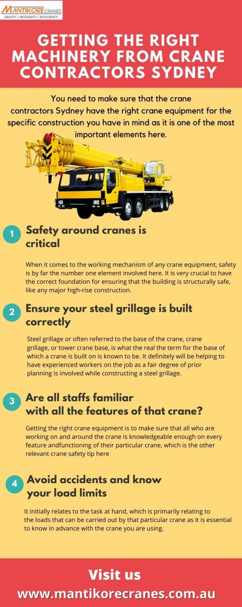 In this Infographic, we want to make sure you that the crane contractors Sydney have the right crane equipment for the specific construction you have in mind as it is one of the most important elements here.  

Website: https://mantikorecranes.com.au/