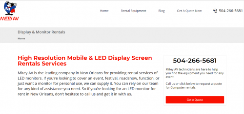 Looking for TV, LED and LCD Monitor for Rent in New Orleans? MITEY AV has got you covered with wide range of audio and visual equipment on rent. 
We built our business on being a partner you can count on—every time.We stock the gear you want -meticulously maintained!Our rates consistently beat the competition—ask about our low price guarantee!Your local partner for Computer & Audio Visual Rentals, serving New Orleans and Southern Louisiana!

#avrentalneworleans #microphonerentalneworleans #projectorrentalneworleans #TVRentalNewOrleans #speakerrentalneworleans #computerrentalneworleans #audiovisualrentalsneworleans

Read More:- https://www.miteyav.com/display-monitor-rentals/