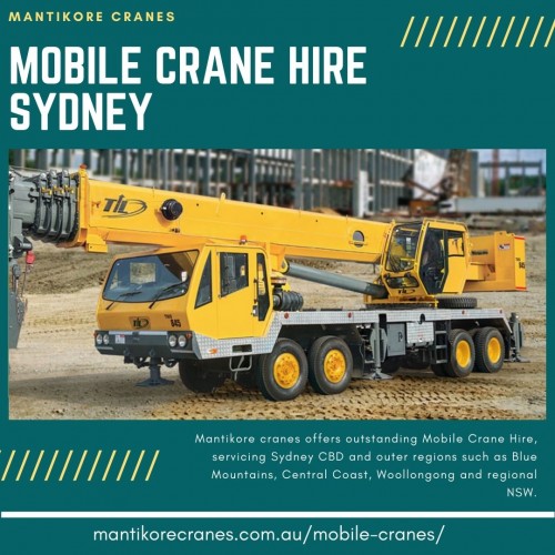We are assured that you will receive the best service of mobile crane hire Sydney at a reasonable price that suits your project needs. We provide reliable equipment, professional site maintenance, efficient services, and the best tower crane are available with different equipment. We have more than 20 years of experience working in the crane hire industries in Australia. We assure you that you will receive the best crane hire services.  Cranes we provide are Tower Crane, Mobile Cranes, Self-Erecting cranes, Electric Luffing cranes, etc. We do all the diligent work for you. We are giving the setup of the mobile crane using our versatile crane reducing any pressure or stress related to the underlying setup stage.  View our complete range of new and used construction equipment and machinery for sale throughout Australia. 

•	Website:  https://mantikorecranes.com.au/mobile-cranes/