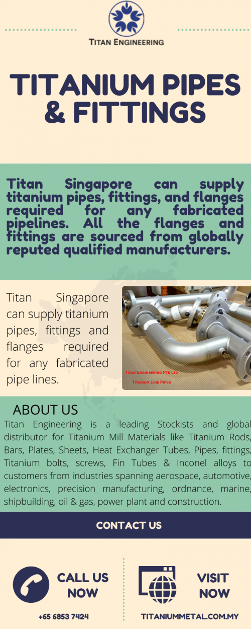 Titan Singapore can supply titanium pipes, fittings and flanges required for any fabricated pipe lines. All the flanges and fittings are sourced from globally reputed qualified manufacturers.
Visit us:- https://titaniummetal.com.my/2016/09/26/titanium-line-pipes-with-flanges/