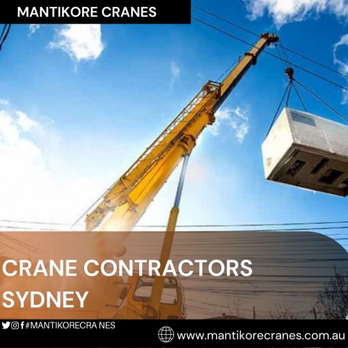 We are the best crane contractors Sydney and provides qualified riggers, dogman, and crane operators with a can-do attitude available to serve your project’s needs at competitive rates. Available for short- or long-term assignments. And also supply fully qualified experienced staff to make sure your crane is operated effectively, safely, and efficiently. Mantikore Cranes believes our client's success is our success. We will make sure you have the equipment and personnel to ensure a successful project.  get effective solutions for any requirements of your projects for the best price & service, visit our website today! Contact us at 1300626845.

Website:  https://mantikorecranes.com.au/