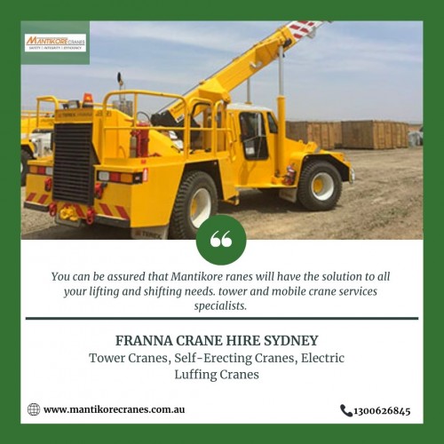 best crane services. We assure that you will receive the best crane trucks in Sydney. We are committed to completing all projects safely, efficiently, on budget and on-time. We also provide buyback options once your crane has completed your project. We have more than 29 years of experience working in the crane hire industries in Australia. We assure you that you will receive the best crane hire services. We are providing Tower Cranes, Mobile Cranes, Self-Erecting Cranes, and Electric Luffing Cranes. Our professionals will provide you with the effective solutions and reliable services that can help you to solve technical problems that might occur sometimes. To know more about our services, you may visit on the website. Contact us at 1300626845.

• Website: https://mantikorecranes.com.au/
• Address: PO BOX 135 Cobbitty NSW, 2570 Australia
• Email: info@mantikorecranes.com.au
• Opening Hours: Monday to Friday from 7 am to 7 pm
