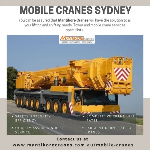 We are assured that you will receive the best service of mobile cranes Sydney at a reasonable price that suits your project needs. We provide reliable equipment, professional site maintenance, efficient services, and best tower crane are available with different equipment. We have more than 20 years of experience working in the crane hire industries in Australia. We assure you that you will receive the best crane hire services.  Cranes we provide are Tower Crane, Mobile Cranes, Self-Erecting cranes, Electric Luffing cranes etc. We do all the diligent work for you. We are giving the setup of the mobile crane using our versatile crane reducing any pressure or stress related to the underlying setup stage.  View our complete range of new and used construction equipment and machinery for sale throughout Australia.

•	Website:  https://mantikorecranes.com.au/mobile-cranes/
•	Address:  PO BOX 135 Cobbitty NSW, 2570 Australia
•	Email:  info@mantikorecranes.com.au 
•	Opening Hours:  Monday to Friday from 7 am to7 pm