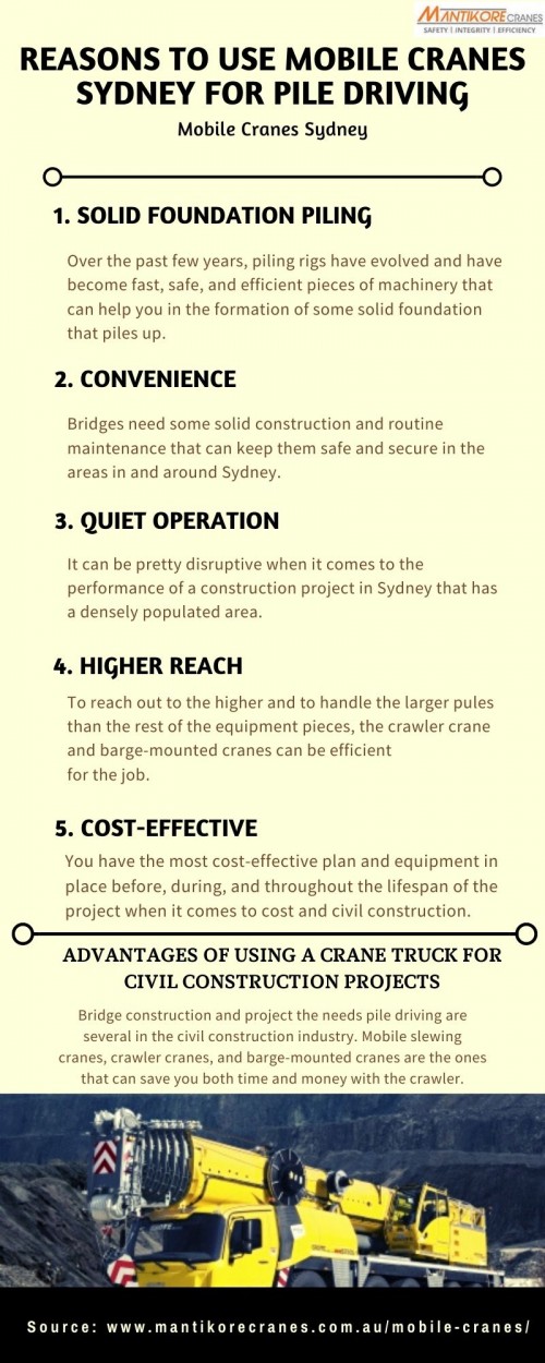 In this Infographic, we discuss the Reasons to use mobile cranes Sydney for pile driving. It is easy to see why we have such a solid reputation in the civil construction industries being the rentals for mobile cranes Sydney.

Are you looking for mobile cranes Sydney services? Mantikore Cranes is the best place for your business needs.  We are here to do all the diligent work for you. We are giving the setup of the tower crane using our versatile crane reducing any pressure or stress related to the underlying setup stage. The majority of our cranes is appropriately kept up and is reliably given to our customers according to your specific needs. We are providing new as well as used cranes for sale in NSW.  We have Professional who helped you always if any fault might occur. We are also providing Mobile cranes, self-erecting cranes, electric luffing cranes.  For more information visit our website or email us at info@mantikorecranes.com.au. Opening Hours is Monday to Friday from 7 am to 7 pm.


•	Website: https://mantikorecranes.com.au/mobile-cranes/
•	Contact us: 1300626845
•	Address:  PO BOX 135 Cobbitty NSW, 2570 Australia