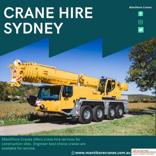 MantiKore Cranes offers crane hire Sydney services for construction sites. Mantikore Cranes provides Tower Cranes, Self-Erecting Cranes, and Electric Luffing Cranes for construction sites. Engineer best choice cranes are available for service. We have an excellent team of dedicated and highly trained operators who will have no trouble in completing your job requirements to the highest level of satisfaction. We do all the diligent work for you. We are giving the setup of the mobile crane using our versatile crane reducing any pressure or stress related to the underlying setup stage.  View our complete range of new and used construction equipment and machinery for sale throughout Australia.

•	Website: https://mantikorecranes.com.au