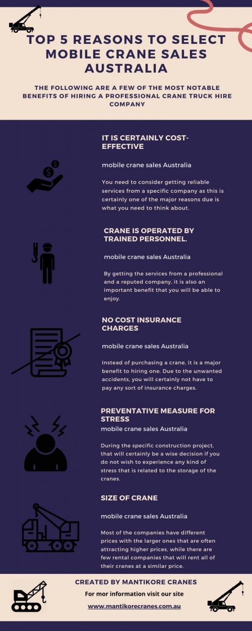 In this infographic, we discuss a few of the most notable benefits of hiring a professional crane truck hire company.

If you are looking for a mobile crane sales Australia? Get a platform to buy crane hire rates Sydney.  Mantikore Cranes is a cranes specialist with over 20 years of experience in the construction industries. We Provide the best cranes for sale or hire. Our Crane is highly being used at construction sites to make the entire work stress-free and increase productivity. We are providing Tower Cranes, Mobile Cranes, Self-Erecting Cranes, and Electric Luffing Cranes. Our professionals will provide you with effective solutions and reliable services that can help you to solve technical problems that might occur sometimes. Also, get effective solutions for any requirements of your projects for the best price & service, visit our website today! 

Contact us at

•	Website: https://mantikorecranes.com.au/mobile-cranes/
•	Call us on 1300626845
•	Address:  PO BOX 135 Cobbitty NSW, 2570 Australia
•	Email:  info@mantikorecranes.com.au 
•	Opening Hours:  Monday to Friday from 7 am to 7 pm