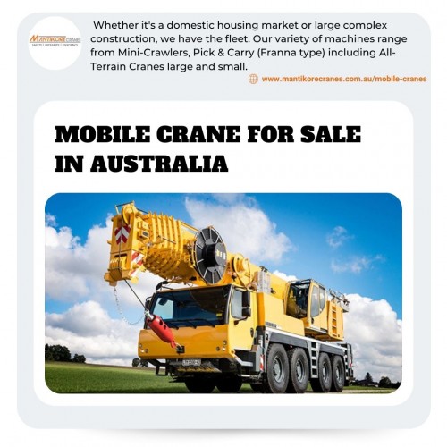If you are located in Sydney and want the mobile crane for sale in Australia for your construction sites? Mantikore Cranes provides the best crane services. We assure you that you will receive the best crane trucks in Sydney.  We are committed to completing all projects safely, efficiently, on budget and on-time. We also provide buyback options once your crane has completed your project. We have more than 20 years of experience working in the crane hire industries in Australia. We assure you that you will receive the best crane hire services.  We are providing Tower Cranes, Mobile Cranes, Self-Erecting Cranes, and Electric Luffing Cranes. Our professionals will provide you the effective solutions and reliable services that can help you to solve technical problems that might occur sometimes. To know more about our services, you may visit on website. Contact us at 1300626845.

•	Website: https://mantikorecranes.com.au/mobile-cranes/
•	Address:  PO BOX 135 Cobbitty NSW, 2570 Australia