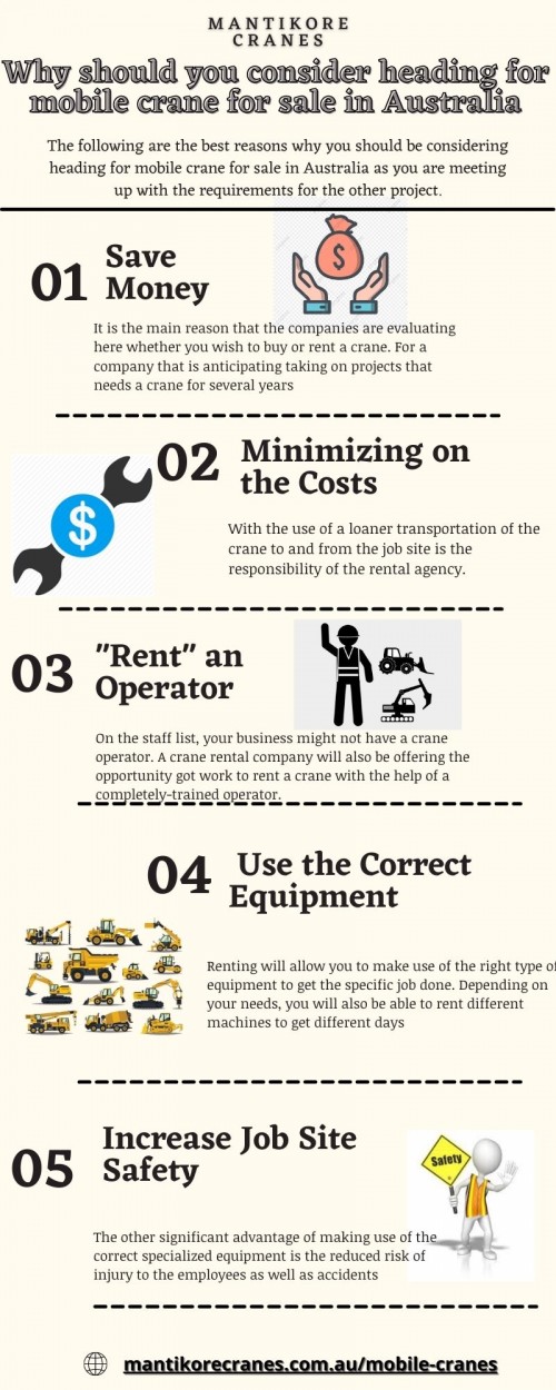 In this Infographic, we discuss the following reason that why you should be considering heading for mobile crane for sale in Australia as you are meeting up with the requirements for the other project.
We are selling new and used mobile crane for sale in Australia. Mantikore Cranes is here to do all the diligent work for you. We are giving the setup of the tower crane using our versatile crane reducing any pressure or stress related to the underlying setup stage. Mantikore Cranes is the cranes specialist with over 20 years’ experience in construction industries. Our Crane is highly being used at construction sites to make the entire work stress-free and increase productivity. You can hire a mobile crane, self-erecting cranes, and electric Luffing cranes, etc. Also, get effective solutions for any requirements of your projects for the best price & service, visit our website today:  https://mantikorecranes.com.au/mobile-cranes/