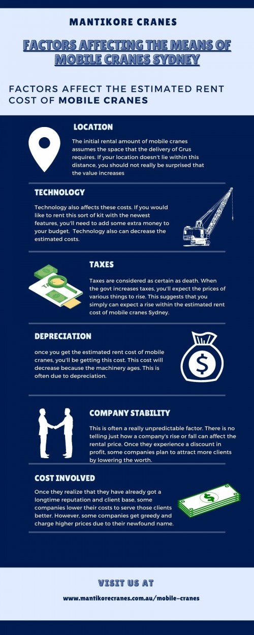In this infographic, we discuss what factors affect the estimated rent cost of mobile cranes.  By allowing adjustments on the estimated rent of mobile cranes, a corporation can confirm that it's enough funds when the necessity arises.
Mantikore Cranes is the best mobile cranes Sydney company. We are here to do all the diligent work for you. We are giving the setup of the crane using our versatile crane reducing any pressure or stress related to the underlying setup stage. We provide all aspects of crane hire services for the construction industry. We are committed to completing all projects safely, efficiently, on budget and on-time. We also provide buyback options once your crane has completed your project. We have more than 20 years of experience working in the crane hire industries in Australia. We assure you that you will receive the best crane hire services.  Our Crane is highly being used at construction sites to make the entire work stress-free and increase productivity. We are providing Tower Cranes, Mobile Cranes, Self-Erecting Cranes, and Electric Luffing Cranes. Our professionals will provide you with effective solutions and reliable services that can help you to solve technical problems that might occur sometimes. Also, get effective solutions for any requirements of your projects for the best price & service, contact us at 1300 626 845 for crane hire and visit our website today:  https://mantikorecranes.com.au/mobile-cranes/