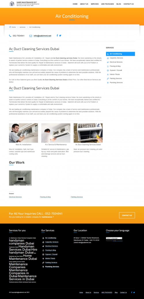 Sabir Maintenance Est. provides AC Duct Cleaning, AC Installation Services, AC Maintenance, Ac repair and service Dubai. Best Quality Ac Duct Cleaning Services Dubai at Best Price. 

https://sabirmnt.net/services/ac-duct-cleaning-services-dubai/

Sabir Maintenance Est is one of the Leading Maintenance Service Provider, was Established in 1988 when Dubai was in its developing stages, we have contributed in every major development in United Arab Emirates. Our Focus from the beginning was to provide wide range of facilities and technical support to our clients. We are one of the oldest Maintenance Service Providers In Dubai, with professionals and field experts. Sabir Maintenance Est is a dedicated provider of Facilities maintenance services in Dubai. We provide building maintenance services to both commercial and domestic customers so whether you are looking for a Dubai Plumber, an Emergency Electrician, a Handyman or a painter and decorator we are able to provide a maintenance solution for your needs. We undertake a wide variety of jobs from simple repairs to complete property refurbishment including new kitchen, new bathroom and full re-decoration.

#ACmaintenancecompaniesindubai #ACrepairdubai #ACservicedubai #Maintenancecompaniesindubai#ACMaintenanceDubai #officefitoutdubai #carpentrycompanyduba #ElectricalServicesCompaniesDubai #Flooring&TilingServices #remodelingServicesDubai #ACDuctCleaninginDubai #ACInstallationServices #ACRepairServicesDubai#paintingservicesDubai#plumbingcompaniesdubai #interiorfitoutdubai