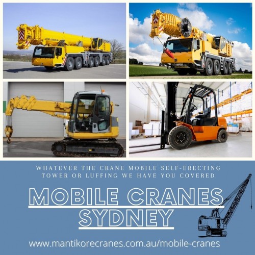 Are you looking for mobile cranes Sydney » » services? Mantikore Cranes is the best place for your business needs. We are here to do all the diligent work for you. We are giving the setup of the tower crane using our versatile crane reducing any pressure or stress related to the underlying setup stage. The majority of our cranes are appropriately kept up and are reliably given to our customers according to your specific needs. We are providing new as well as used cranes for sale in NSW. We have a Professional who helped you always if any fault might occur. We are also providing Mobile cranes, self-erecting cranes, electric luffing cranes. For more information, visit our website or email us at info@mantikorecranes.com.au. Opening Hours is Monday to Friday from 7 am to 7 pm.
Website: https://mantikorecranes.com.au/mobile-cranes/
