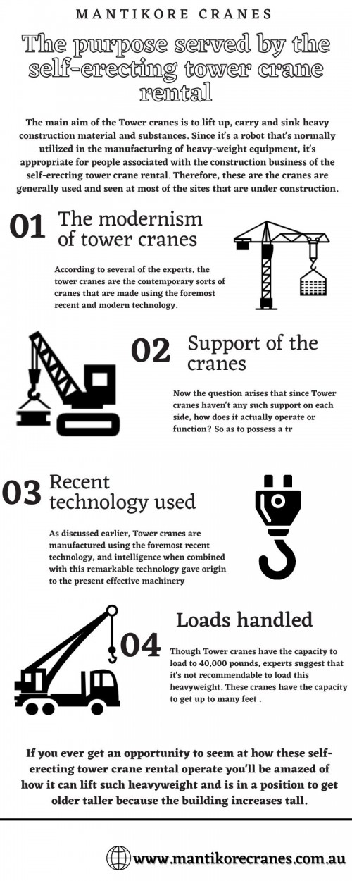 In this infographic, we discuss the purpose served by the self-erecting tower crane rental.  The main aim of the Tower cranes is to lift up, carry and sink heavy construction material and substances. Therefore, these are cranes are generally used and seen at most of the sites that are under construction. 

If you want to buy Self- Erecting tower crane rental for your construction site. Mantikore Cranes provide ultimate cranes services at an affordable price. We are the cranes specialist with over 20 years experience in the construction industries. We provide the best cranes for sale or hire. Our Crane is highly being used at construction sites to make the entire work stress-free and increase productivity. We are also providing mobile cranes, Self-erecting cranes, and self-erecting cranes. We provide the best cranes for sale or hire. Our Crane is highly being used at construction sites to make the entire work stress-free and increase productivity. Also, get effective solutions for any requirements of your projects for the best price & service, visit our website today! Contact us at 1300626845.

• Website: https://mantikorecranes.com.au/
