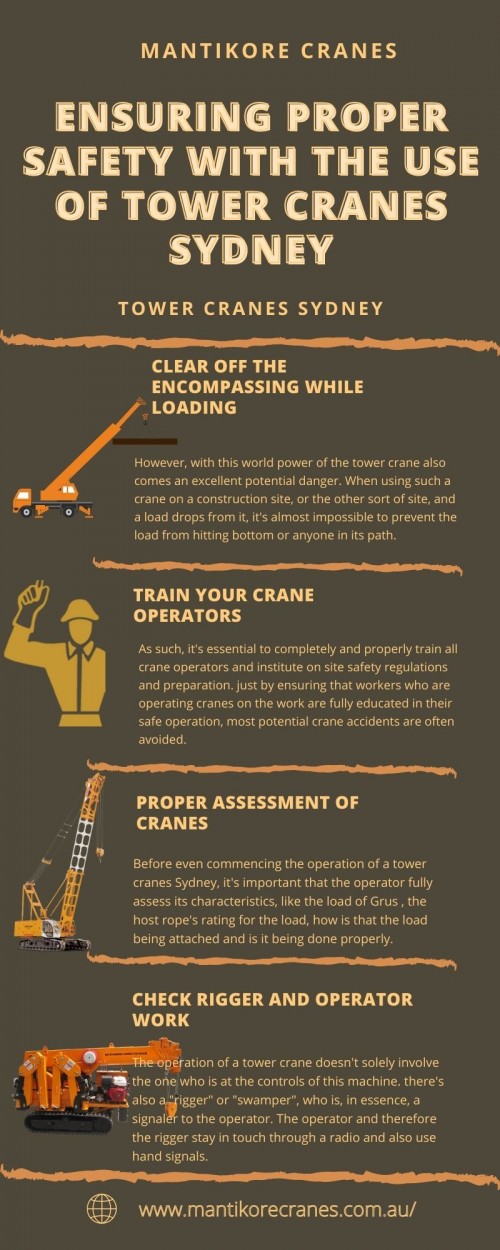 In this infographic, we discuss the proper safety with the use of tower cranes Sydney. Tower cranes typically provide the foremost usefulness thanks to their combination of lifting capacity and height. 
We specialize in tower cranes Sydney, providing high-quality equipment and machinery with excellent customer service at an affordable cost. Our Crane is highly being used at construction sites to make the entire work stress-free and increase productivity. Over 20 years of industry experience in the wet and dry hire of tower cranes and providing mobile cranes. We provide all aspects of mobile or tower crane hire services for the construction industry.


Website: https://mantikorecranes.com.au/
