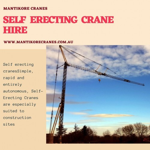 Mantikore Cranes are specialist in providing self-erecting crane hire service in Australia. We are here to do all the diligent work for you. We are giving the setup of the crane using our versatile crane reducing any pressure or stress related to the underlying setup stage. The majority of our cranes is appropriately kept up and is reliably given to our customers according to your specific needs. We are providing new as well as used cranes for sale. We have professionals who helped you always if any fault might occur. We are also providing Mobile cranes, self-erecting cranes, electric luffing cranes. For more information, visit our website or email us at info@mantikorecranes.com.au. Opening Hours is Monday to Friday from 7 am to 7 pm.

Website: https://mantikorecranes.com.au/