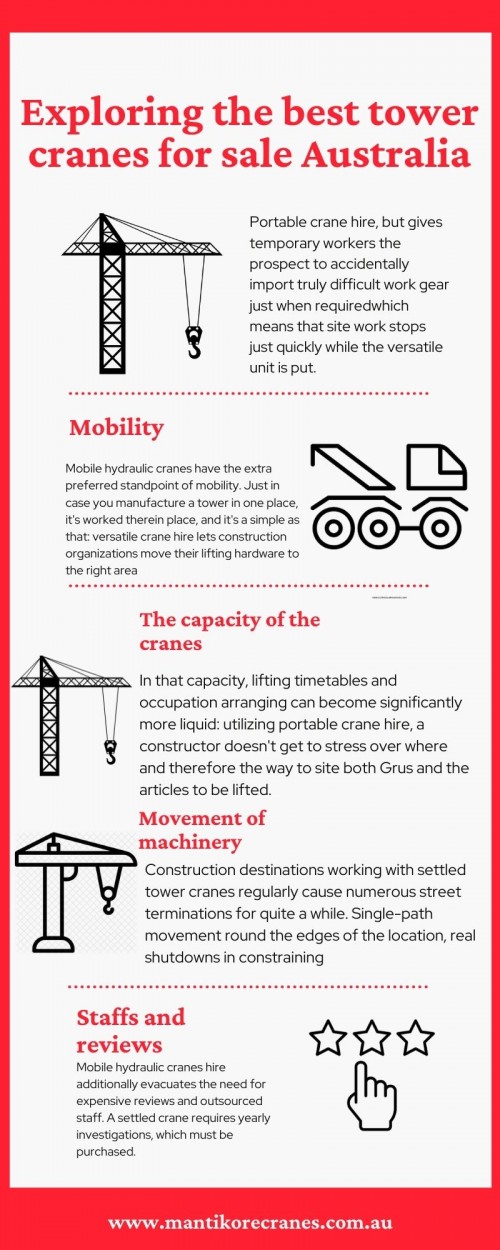 In this infographic, we discuss the best tower cranes for sale Australia. Mobile hydraulic cranes hire speedier, quicker, and fewer demanding than settled tower crane hire.
Mantikore Cranes is the best tower cranes for sale Australia company and providers of supplying our clients with reliable and experienced Tower crane operators, dogman and riggers. Our cranes and personnel are suitably skilled and experienced to overcome all kinds of crane challenges. Ranging from small to large projects we have a crane to meet your needs. Cranes we provide are Tower Crane, Mobile Cranes, Self-Erecting cranes, Electric Luffing cranes etc. Experienced operators and personnel are available for short- or long-term assignments. For more information visit our site today: https://mantikorecranes.com.au/