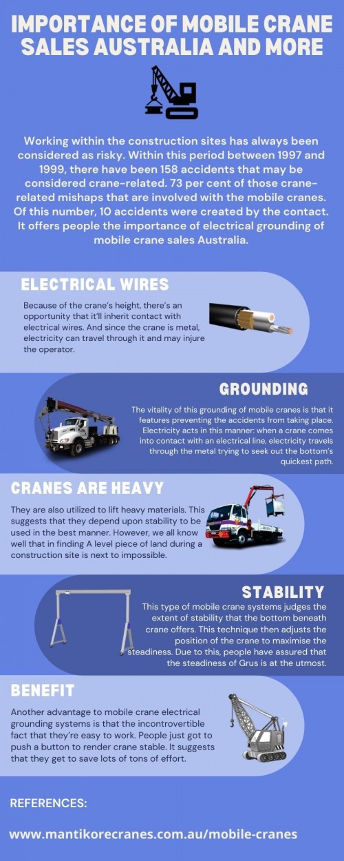 In this infographic, we discuss the importance of mobile crane sales Australia and more.  
If you are looking for a mobile crane sales Australia? Get a platform to buy crane hire rates Sydney. Mantikore cranes offer outstanding Mobile Crane, servicing CBD and outer regions such as Blue Mountains, Central Coast, Wollongong and regional NSW. If you are looking for a prompt and professional Crane Hire Service, then simply contact us! Whether its a domestic housing market or large complex construction, we have the fleet. Our variety of machines range from Mini Crawlers, Pick & Carry (Franna type) including All Terrain Cranes large and small. Also, get effective solutions for any requirements of your projects for the best price & service, contact us at:  https://mantikorecranes.com.au/mobile-cranes/