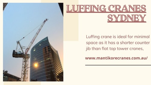 Mantikore Cranes provides well-maintained luffing cranes Sydney services at competitive price in Sydney and the surrounding area. We are the cranes specialist with over 20 years of experience in the construction industries. We provide the best cranes for sale or hire. Our cranes and personnel are suitably skilled and experienced to overcome all kinds of crane challenges. Ranging from small to large projects we have a crane to meet your needs. Hire now: 1300626845. Opening timing is Monday to Friday 7 am to 7 pm. Drop your requirement at info@mantikorecranes.com.au or visit us at https://mantikorecranes.com.au/