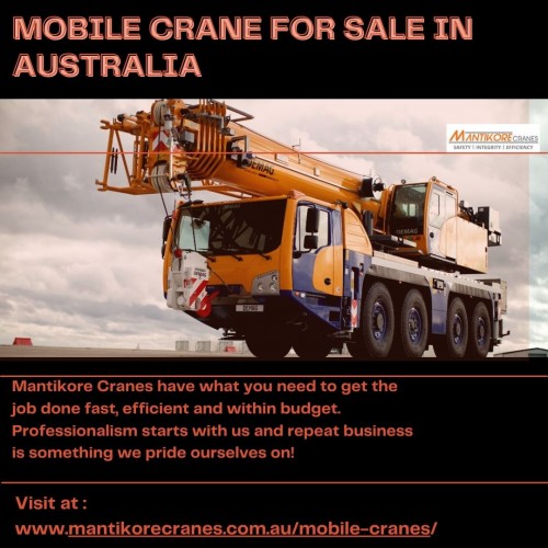 We are selling new and used mobile crane for sale in Australia. Mantikore Cranes is here to do all the diligent work for you. We are giving the setup of the tower crane using our versatile crane reducing any pressure or stress related to the underlying setup stage. MantiKore Cranes is a cranes specialist with over 20 years of experience in the construction industry. We Provide the best cranes for sale or hire. Our Crane is highly being used at construction sites to make the entire work stress-free and increase productivity. you can hire a mobile crane, self-erecting cranes, and electric Luffing cranes, etc. Also, get effective solutions for any requirements of your projects for the best price & service, visit our website today!
Home Page: https://mantikorecranes.com.au/mobile-cranes/