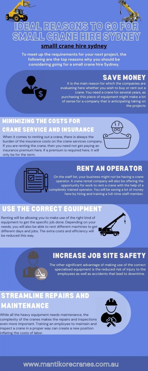 To meet up the requirements for your next project, the following are the top reasons why you should be considering going for a small crane hire Sydney.
Looking for small crane hire Sydney, it is important to look for the right service provider that helps you with the affordable crane. Cranes are specially designed to be erected quickly and easily. Over 20 years of industry experience in the wet and dry hire of tower cranes and providing mobile cranes. Our cranes and personnel are suitably skilled and experienced to overcome all kinds of crane challenges. Ranging from small to large projects we have a crane to meet your needs. For more information visit our site today: https://mantikorecranes.com.au/  info@mantikorecranes.com.au, call us on 1300 626 845.