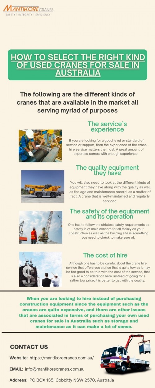 In this article, we talk about few great tips to choose the right kind of crane hire services for your project if you have decided that hiring construction equipment such as a crane is a good option for you.
At Mantikore Cranes we provide used cranes for sale in Australia for construction sites. Our companies have right suited cranes for your residential and high level construction. If you are interested please do not hesitate to contact us. Visit our website: https://mantikorecranes.com.au/