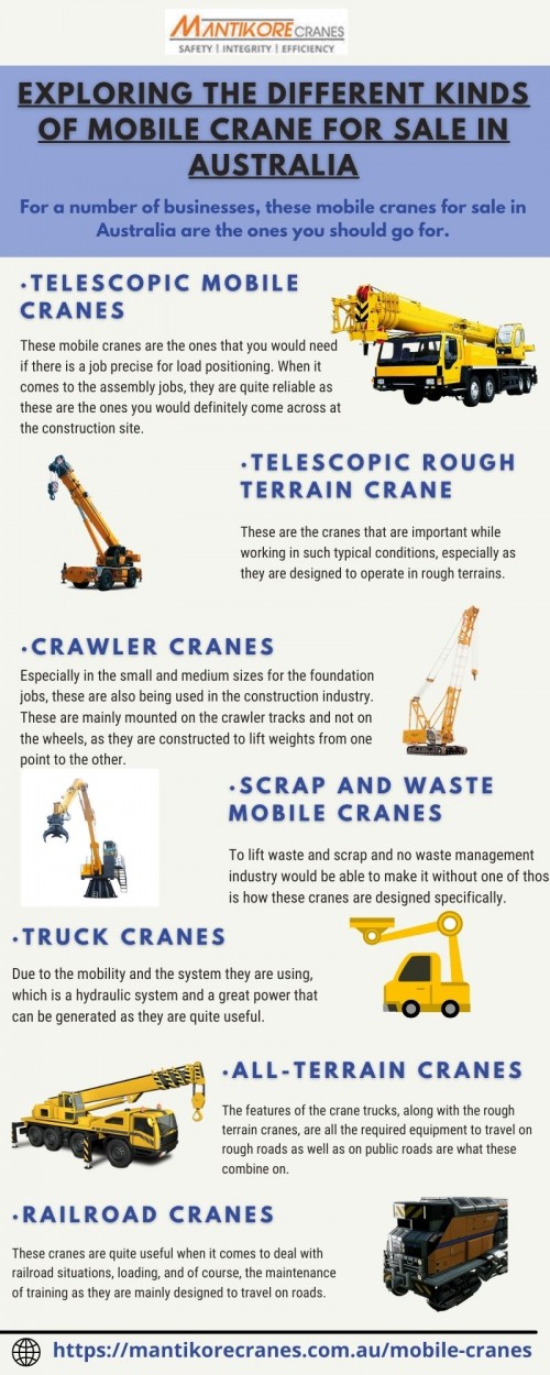 In this Infographic, these are the ones you should go for myriad kinds of cranes in business serving their respective purposes.
Mantikore Cranes is a specialist in mobile cranes for sale in Australia. We provide all aspects of mobile crane services for the construction industry. We are committed to completing all projects safely, efficiently, on budget, and on time. We also provide buyback options once your crane has completed your project. We have more than 20 years of experience working in the crane hire industries in Australia. View our complete range of new and used construction equipment and machinery for sale throughout Australia. Drop your requirement info@mantikorecranes.com.au, Call us at 1300 626 845. Our opening timing is Monday to Friday from 7 am to 7 pm. Visit our website:  https://mantikorecranes.com.au/