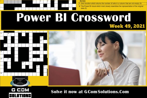 Free Online Power BI Crossword Puzzles Posted Every Week. Test your knowledge of Power BI Desktop, the Power BI service, DAX, Power Query and the M language.  https://www.gcomsolutions.com/power-bi-crossword-puzzles/