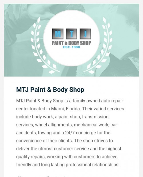MTJ Paint & Body Shop
4510 NW 32nd Ave.
Miami, FL 33142
(305) 632-1914 

https://www.411collision.com/aventura-paint-and-body-shop/