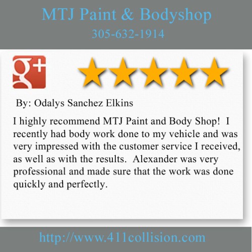 MTJ Paint & Body Shop
4510 NW 32nd Ave.
Miami, FL 33142
(305) 632-1914

http://www.411collision.com/doral-paint-and-body-shop/