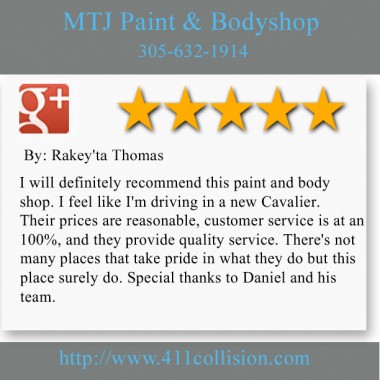 MTJ Paint & Body Shop 
4510 NW 32nd Ave.
Miami, FL 33142
(305) 632-1914 

http://www.411collision.com/car-painting-miami/